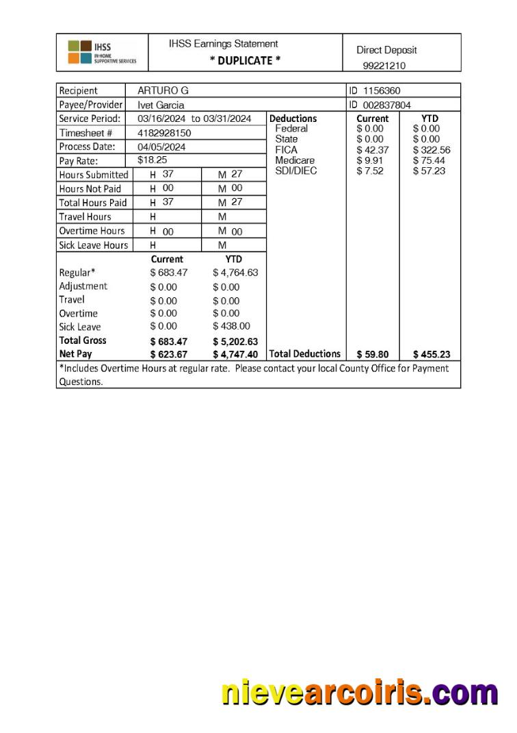 IHSS In-Home Supportive Services earnings statement